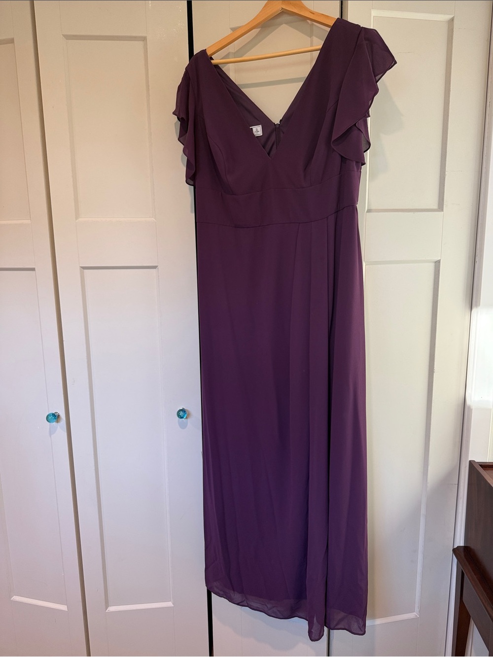 David's Bridal Plum V-Neck Flutter Sleeve Maxi Dress
